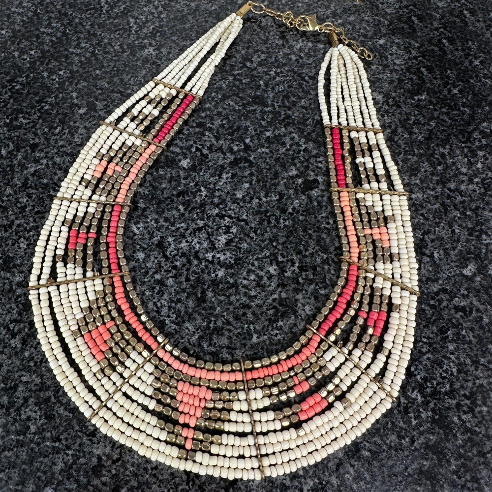 Southwestern Style Bib Necklace Multi Strand Seed Bead White Pink Gold 16"